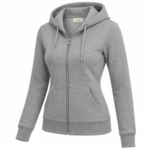 Women's grey slim fit zip-up hoodie, three-quarter view, AI-generated design sample