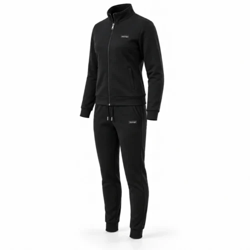 Attirings women’s black slim fit zip-up tracksuit, angle view - AI sample
