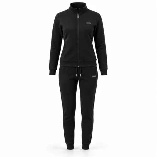 Attirings women’s black slim fit zip-up tracksuit, front view - AI sample