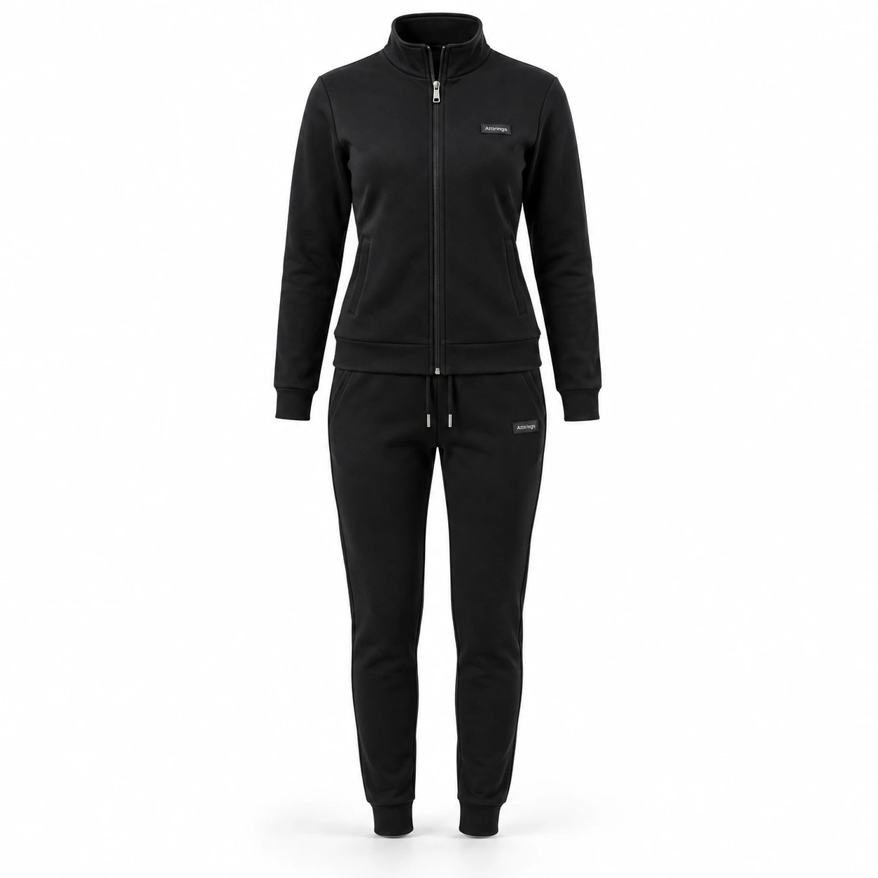 Attirings women’s black slim fit zip-up tracksuit, front view - AI sample