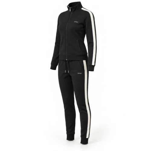 Attirings women’s black slim fit side-stripe tracksuit, angle view - AI sample