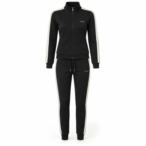 Attirings women’s black slim fit side-stripe tracksuit, front view - AI sample