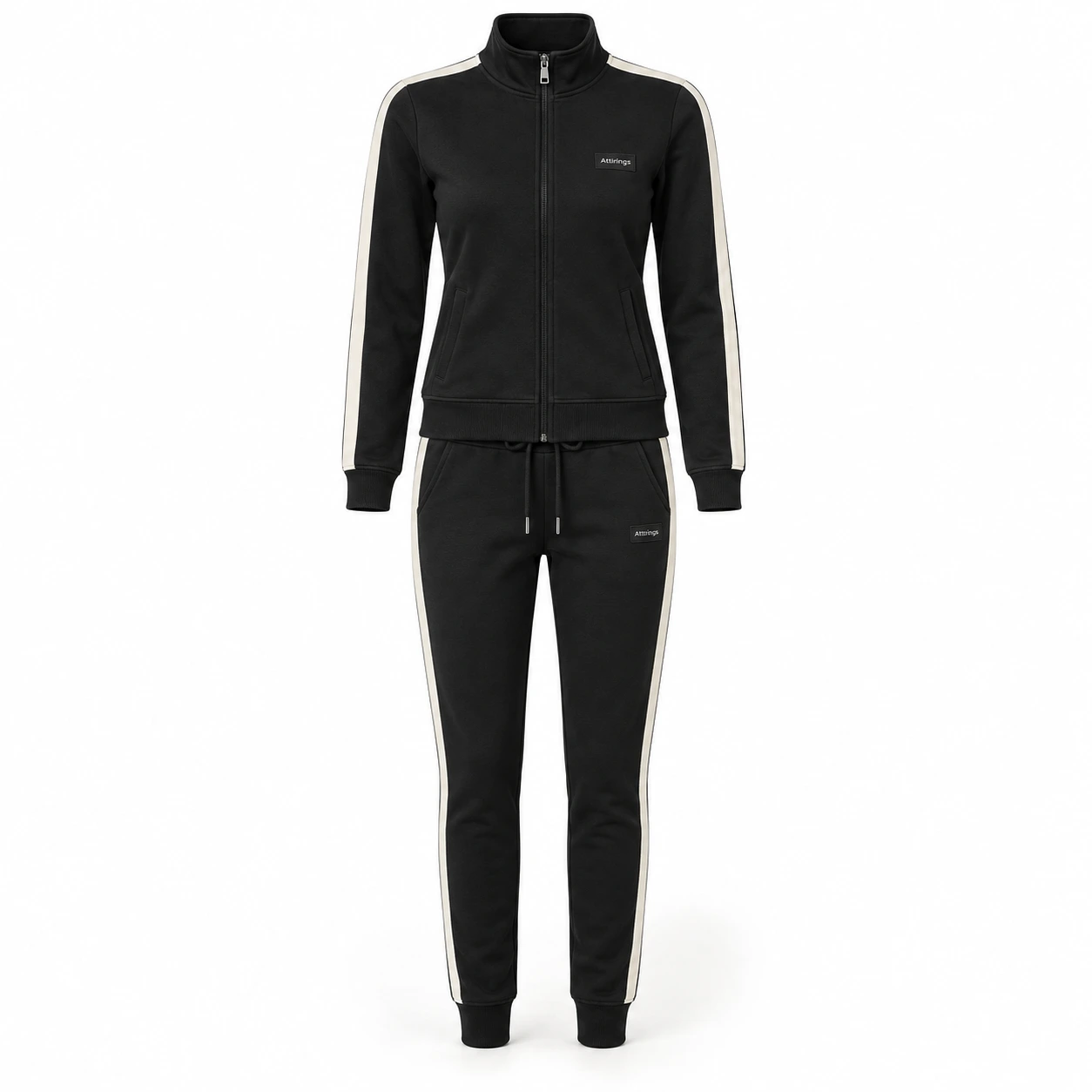 Attirings women’s black slim fit side-stripe tracksuit, front view - AI sample