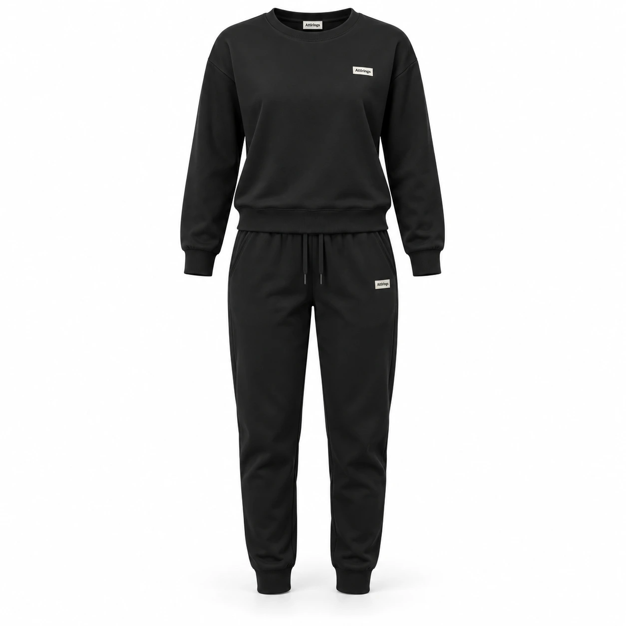 Attirings women’s black regular fit ribbed cuff tracksuit, front view - AI sample