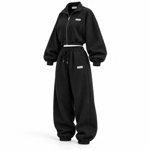 Attirings women’s black oversized fit cropped tracksuit, angle view - AI sample