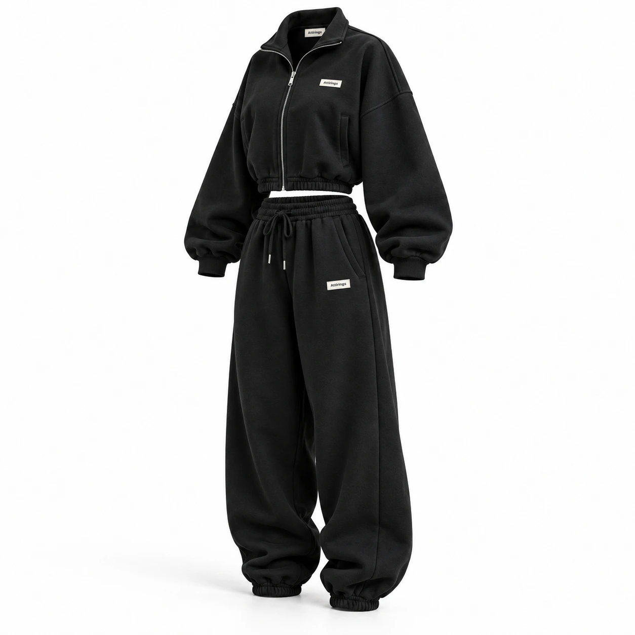 Attirings women’s black oversized fit cropped tracksuit, angle view - AI sample