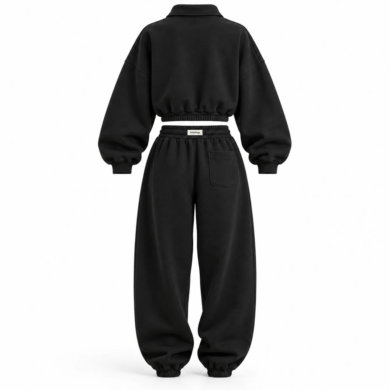 Attirings women’s black oversized fit cropped tracksuit, back view - AI sample