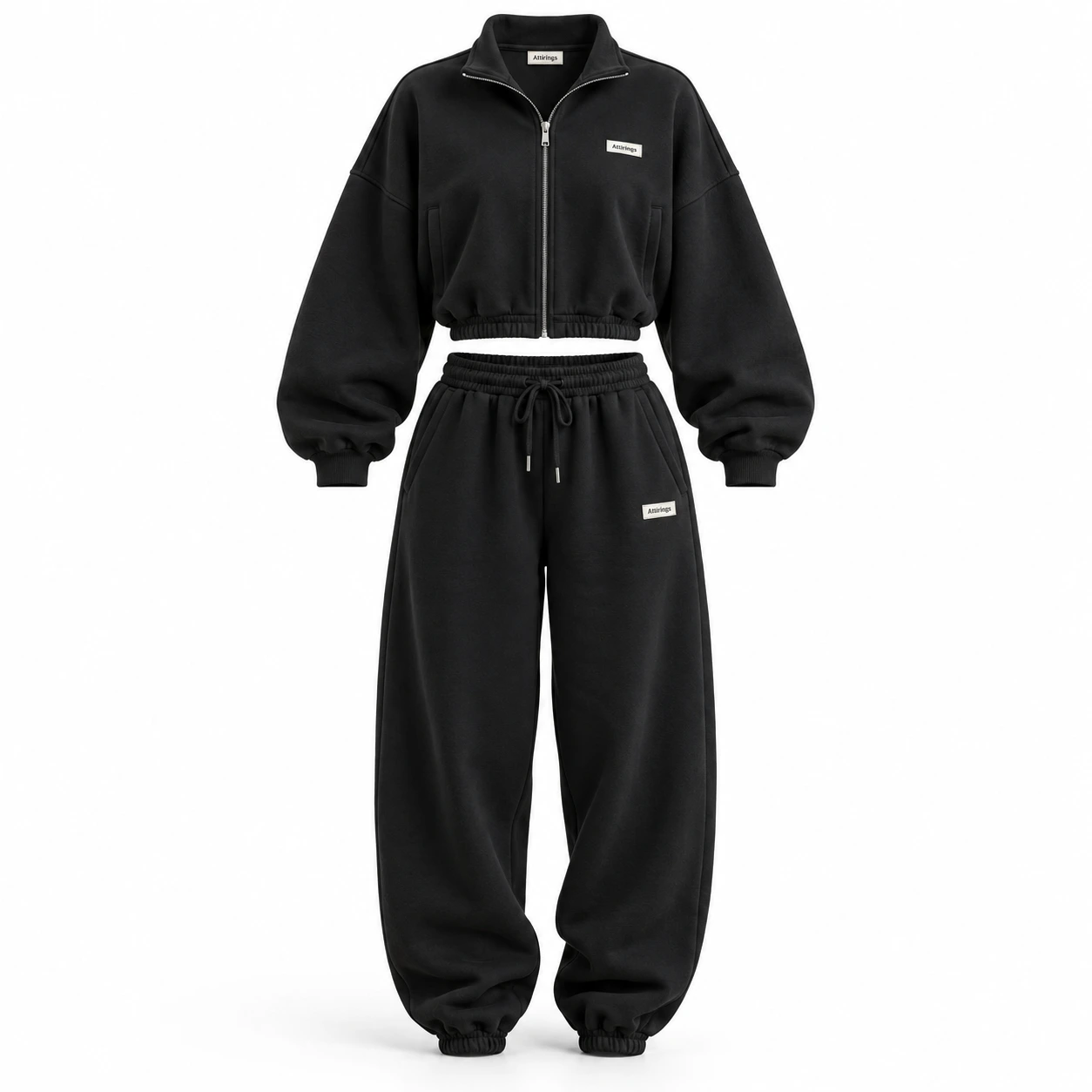 Attirings women’s black oversized fit cropped tracksuit, front view - AI sample