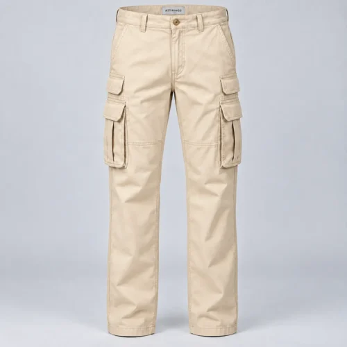 Men's Classic Fit Multi-Pocket Cargo Pants in warm cream by Attirings, front view