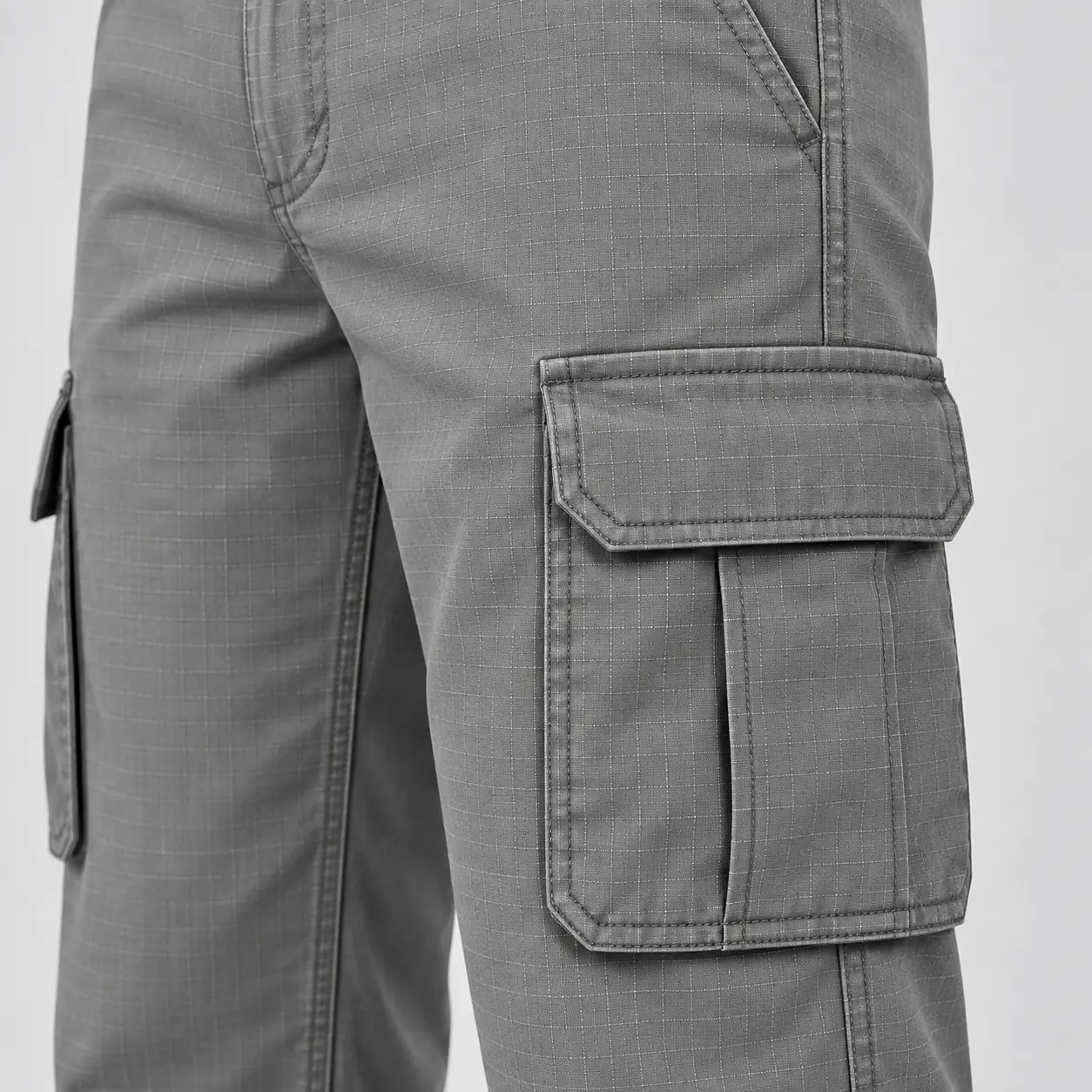 Men's Classic Fit Six-Pocket Cargo Pants in ash grey by Attirings, detail view