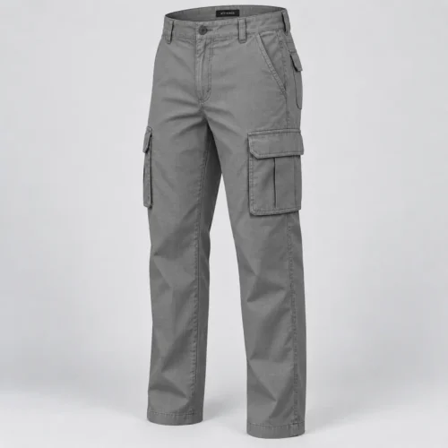 Men's Classic Fit Six-Pocket Cargo Pants in ash grey by Attirings, three quarter view