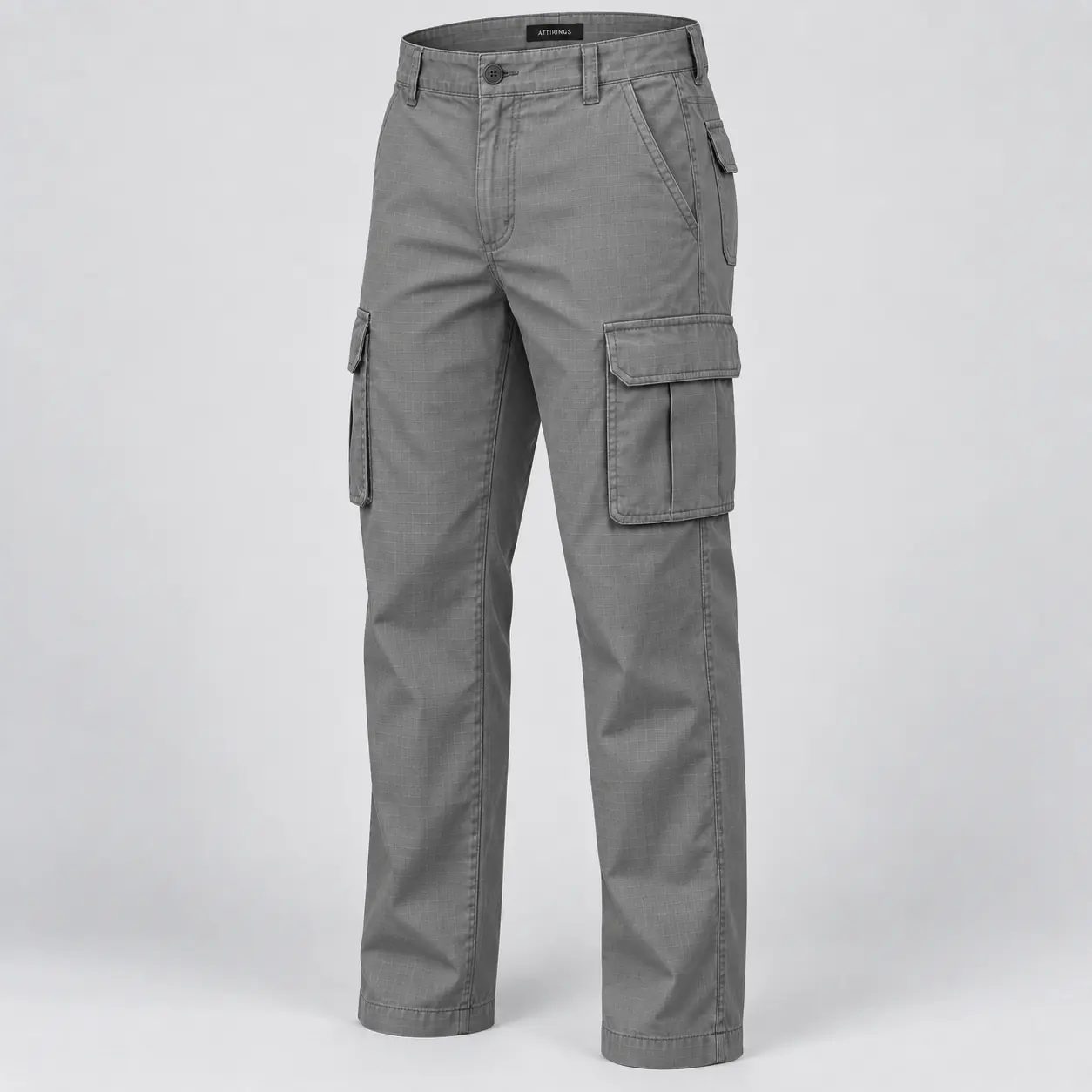 Men's Classic Fit Six-Pocket Cargo Pants in ash grey by Attirings, three quarter view