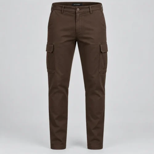 Men's Classic Fit Tapered Leg Cargo Pants in chocolate brown by Attirings, front view