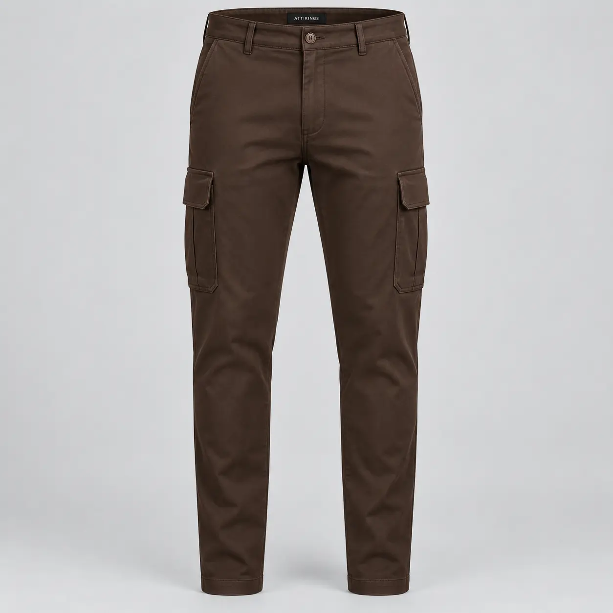 Men's Classic Fit Tapered Leg Cargo Pants in chocolate brown by Attirings, front view