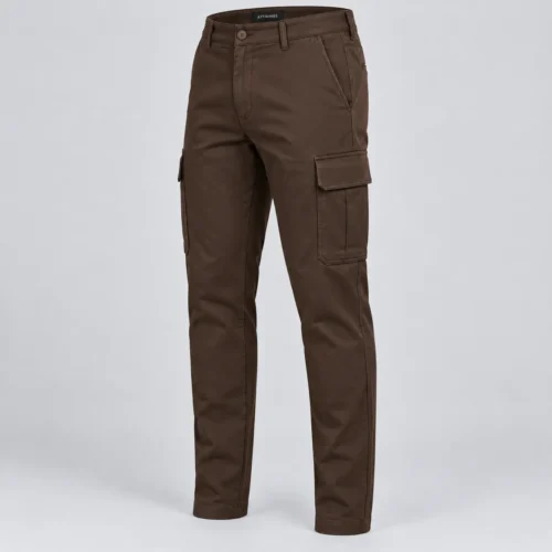 Men's Classic Fit Tapered Leg Cargo Pants in chocolate brown by Attirings, three quarter view