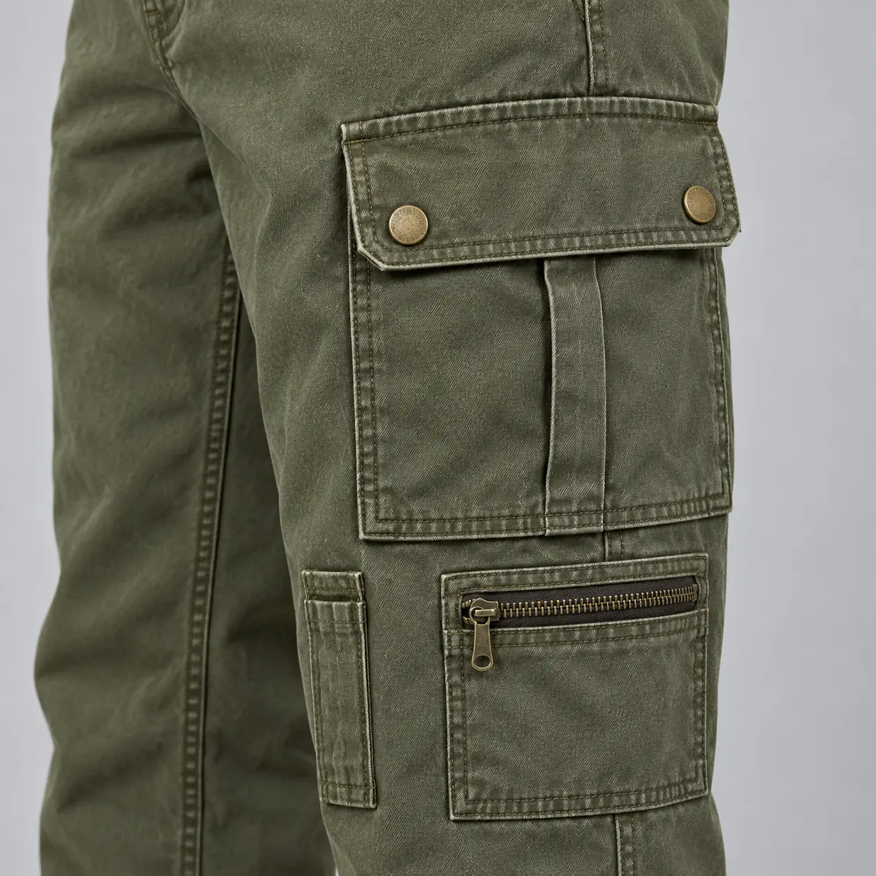 Men's Classic Fit Utility Style Cargo Pants in moss green by Attirings, detail view