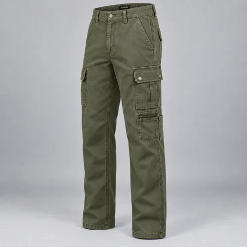 Men's Classic Fit Utility Style Cargo Pants in moss green by Attirings, three quarter view