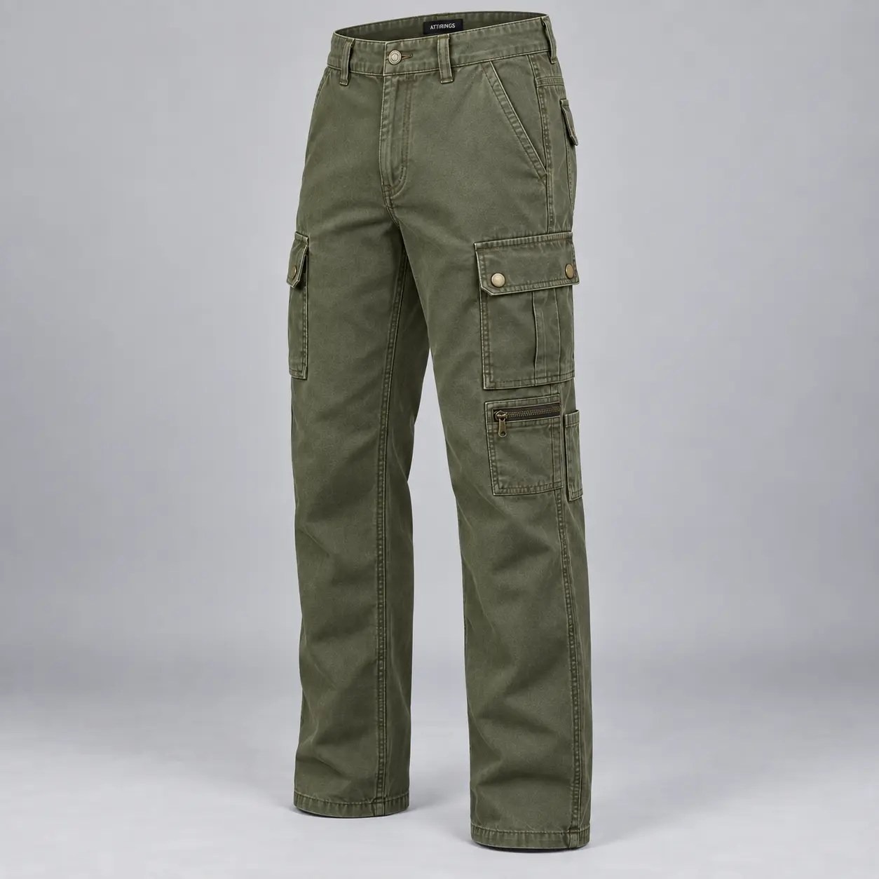 Men's Classic Fit Utility Style Cargo Pants in moss green by Attirings, three quarter view
