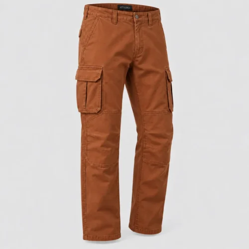 Men's Regular Fit Reinforced Knee Cargo Pants in rust brown by Attirings, three quarter view