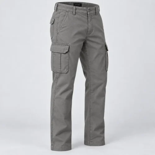 Men's Regular Fit Six-Pocket Cargo Pants in stone grey by Attirings, three quarter view