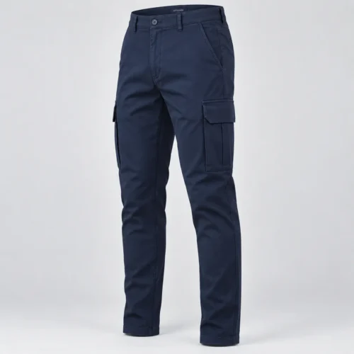 Men's Regular Fit Tapered Leg Cargo Pants in deep navy by Attirings, three quarter view