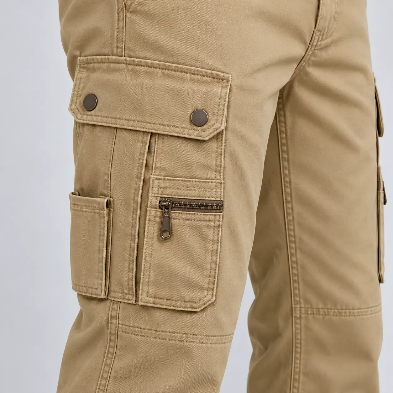 Men's Regular Fit Utility Style Cargo Pants in warm sand khaki by Attirings, detail view