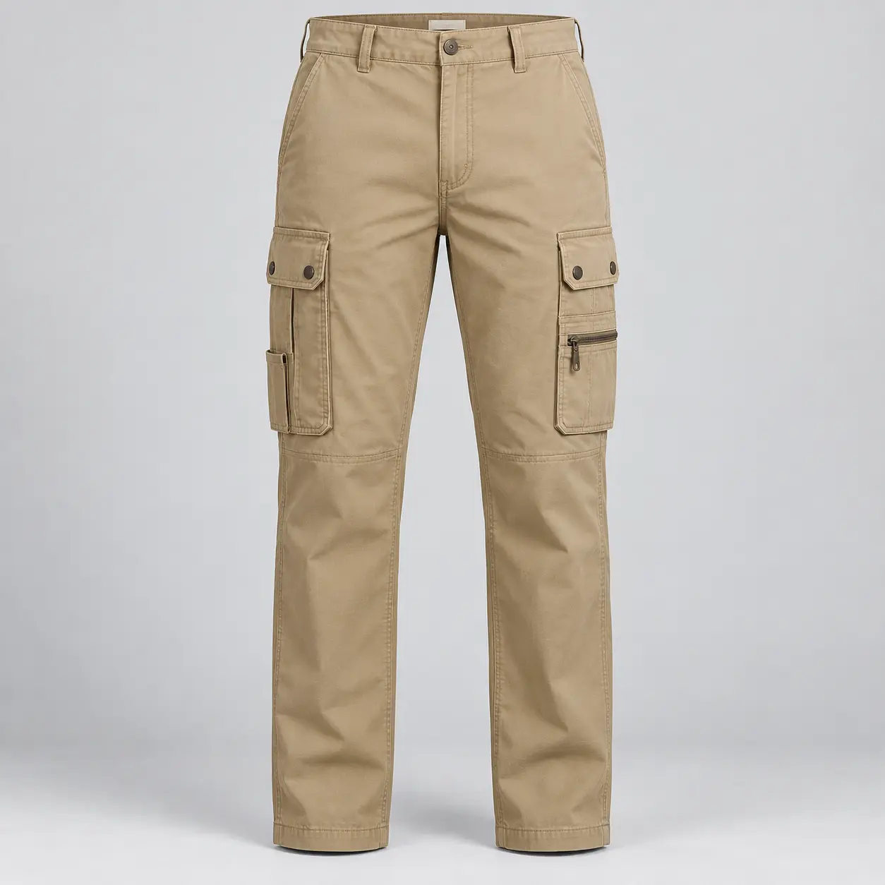 Men's Regular Fit Utility Style Cargo Pants in warm sand khaki by Attirings, front view