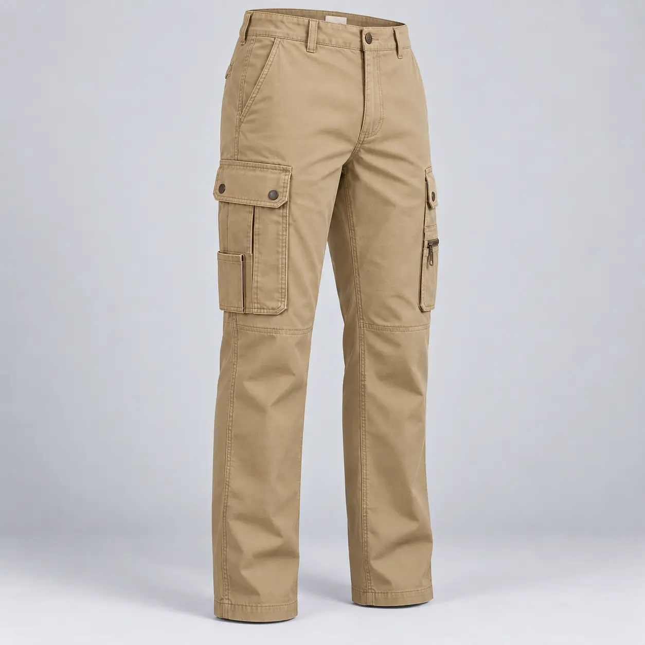 Men's Regular Fit Utility Style Cargo Pants in warm sand khaki by Attirings, three quarter view