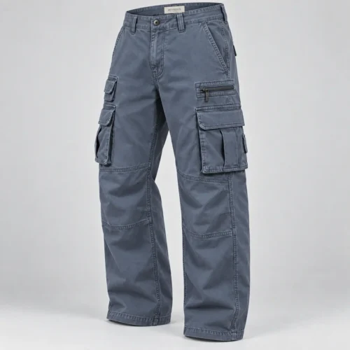 Men's Relaxed Fit Multi-Pocket Cargo Pants in slate blue by Attirings, three quarter view