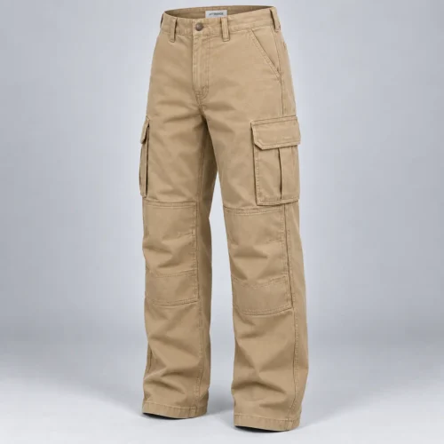 Men's Relaxed Fit Reinforced Knee Cargo Pants in desert tan by Attirings, three quarter view