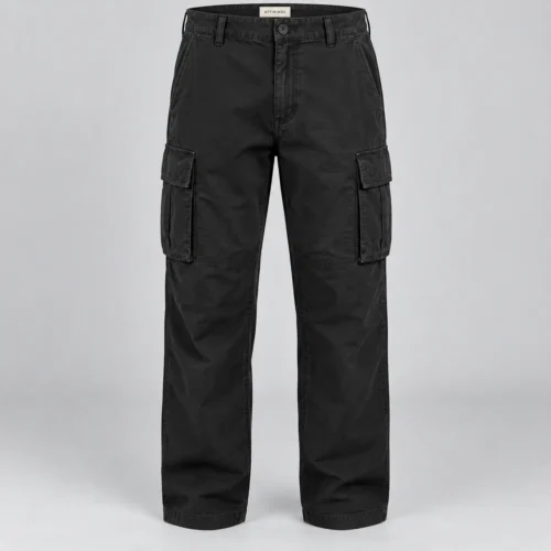 Men's Relaxed Fit Six-Pocket Cargo Pants in washed black by Attirings, front view