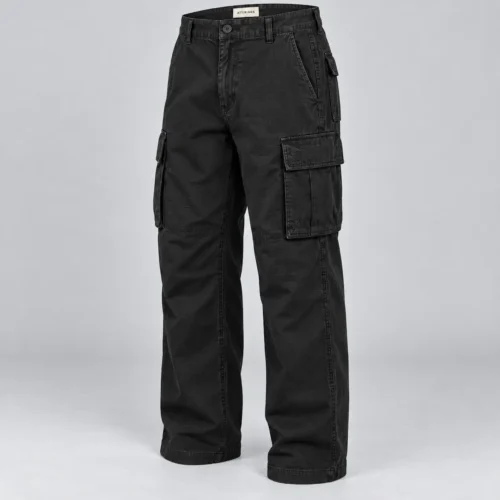 Men's Relaxed Fit Six-Pocket Cargo Pants in washed black by Attirings, three quarter view