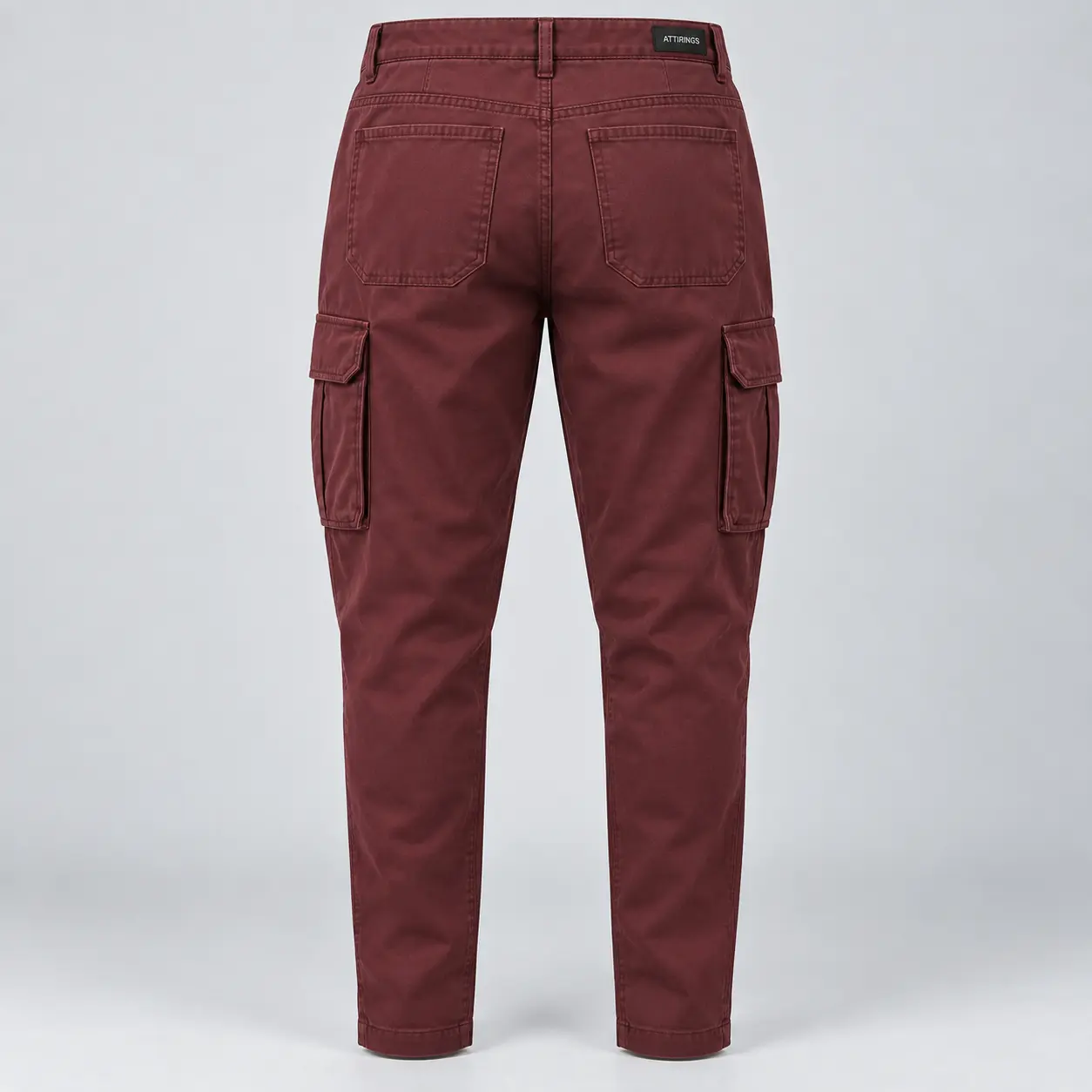 Men's Relaxed Fit Tapered Leg Cargo Pants in muted burgundy by Attirings, back view