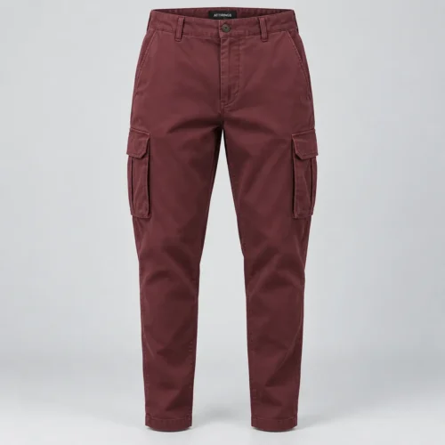 Men's Relaxed Fit Tapered Leg Cargo Pants in muted burgundy by Attirings, front view