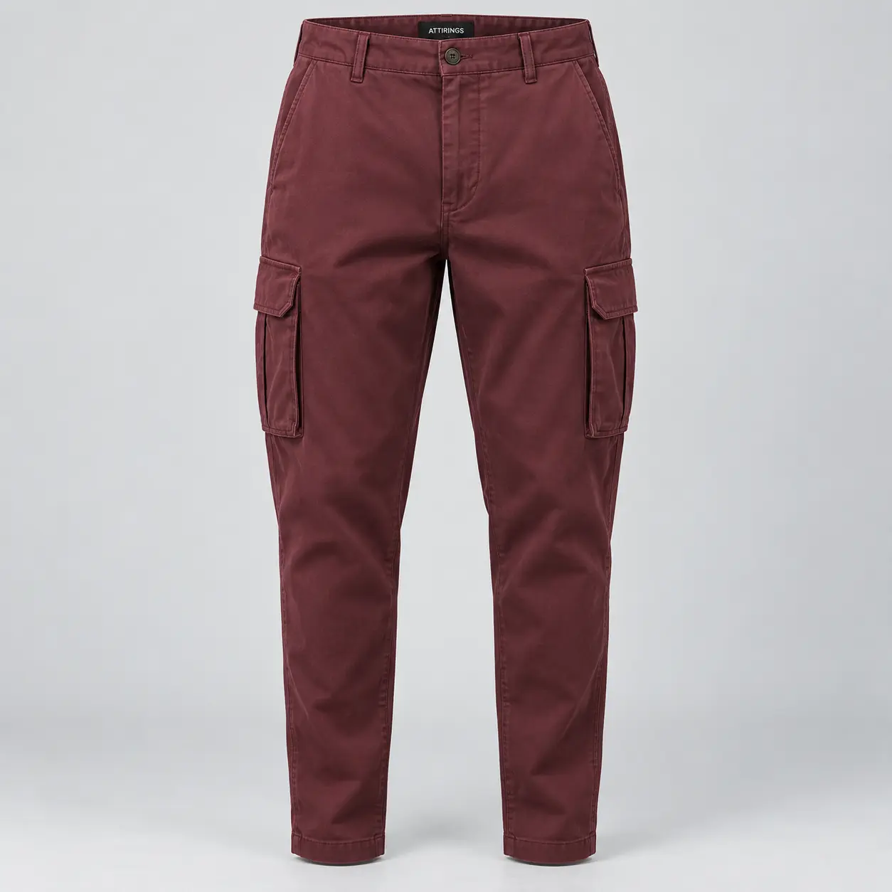 Men's Relaxed Fit Tapered Leg Cargo Pants in muted burgundy by Attirings, front view