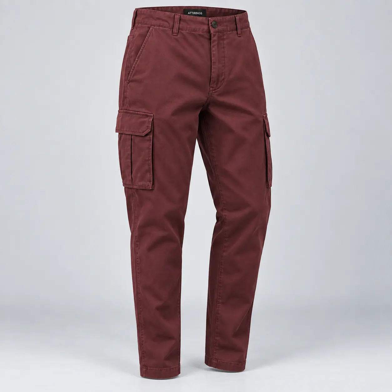 Men's Relaxed Fit Tapered Leg Cargo Pants in muted burgundy by Attirings, three quarter view
