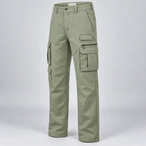 Men's Straight Fit Multi-Pocket Cargo Pants in sage green by Attirings, three quarter view
