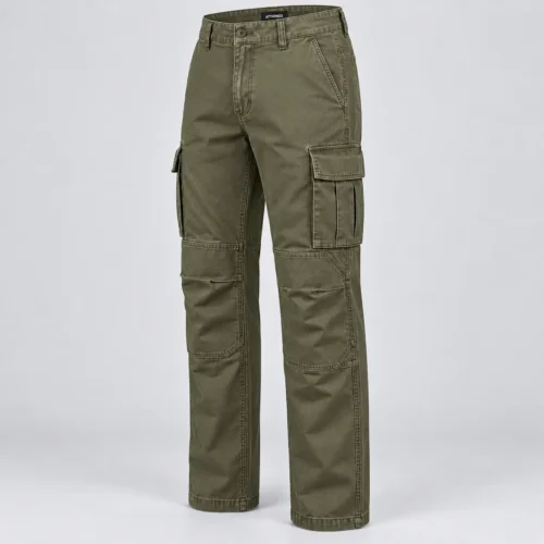 Men's Straight Fit Reinforced Knee Cargo Pants in olive drab by Attirings, three quarter view
