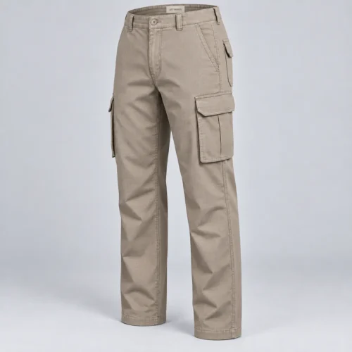 Men's Straight Fit Six-Pocket Cargo Pants in light taupe by Attirings, three quarter view