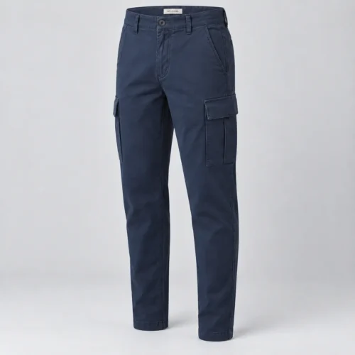 Men's Straight Fit Tapered Leg Cargo Pants in indigo by Attirings, three quarter view