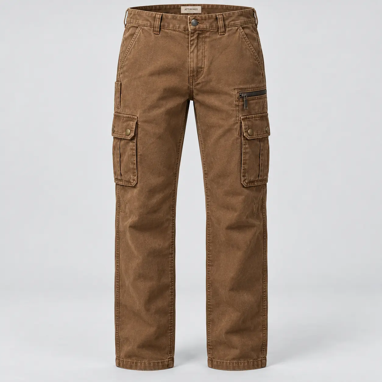 Men's Straight Fit Utility Style Cargo Pants in tobacco brown by Attirings, front view