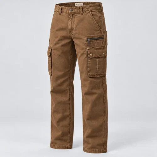 Men's Straight Fit Utility Style Cargo Pants in tobacco brown by Attirings, three quarter view
