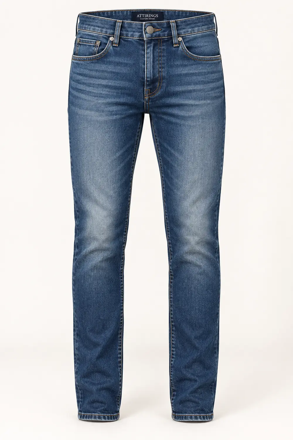 Custom Slim Fit Denim Jeans – Front – AI catalogue illustration Custom Denim collection illustration for wholesale enquiries